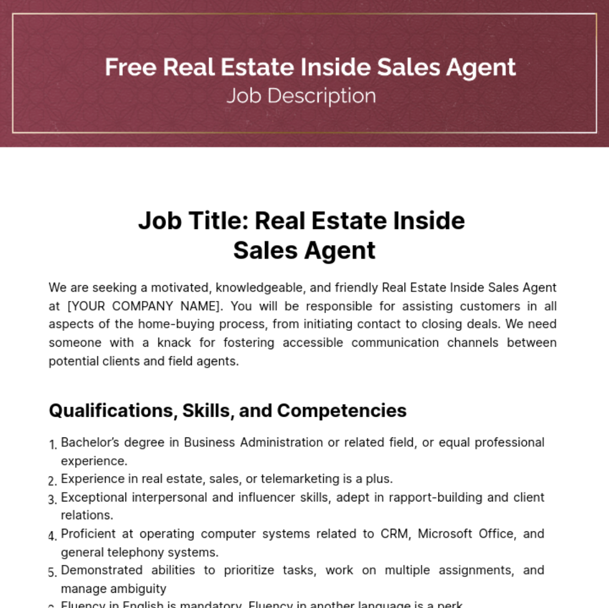 Real Estate Inside Sales Agent Job Description Template