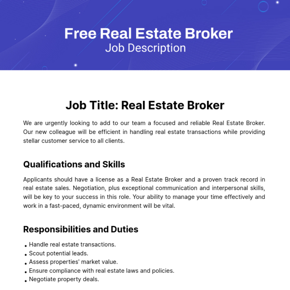 Real Estate Broker Job Description Template