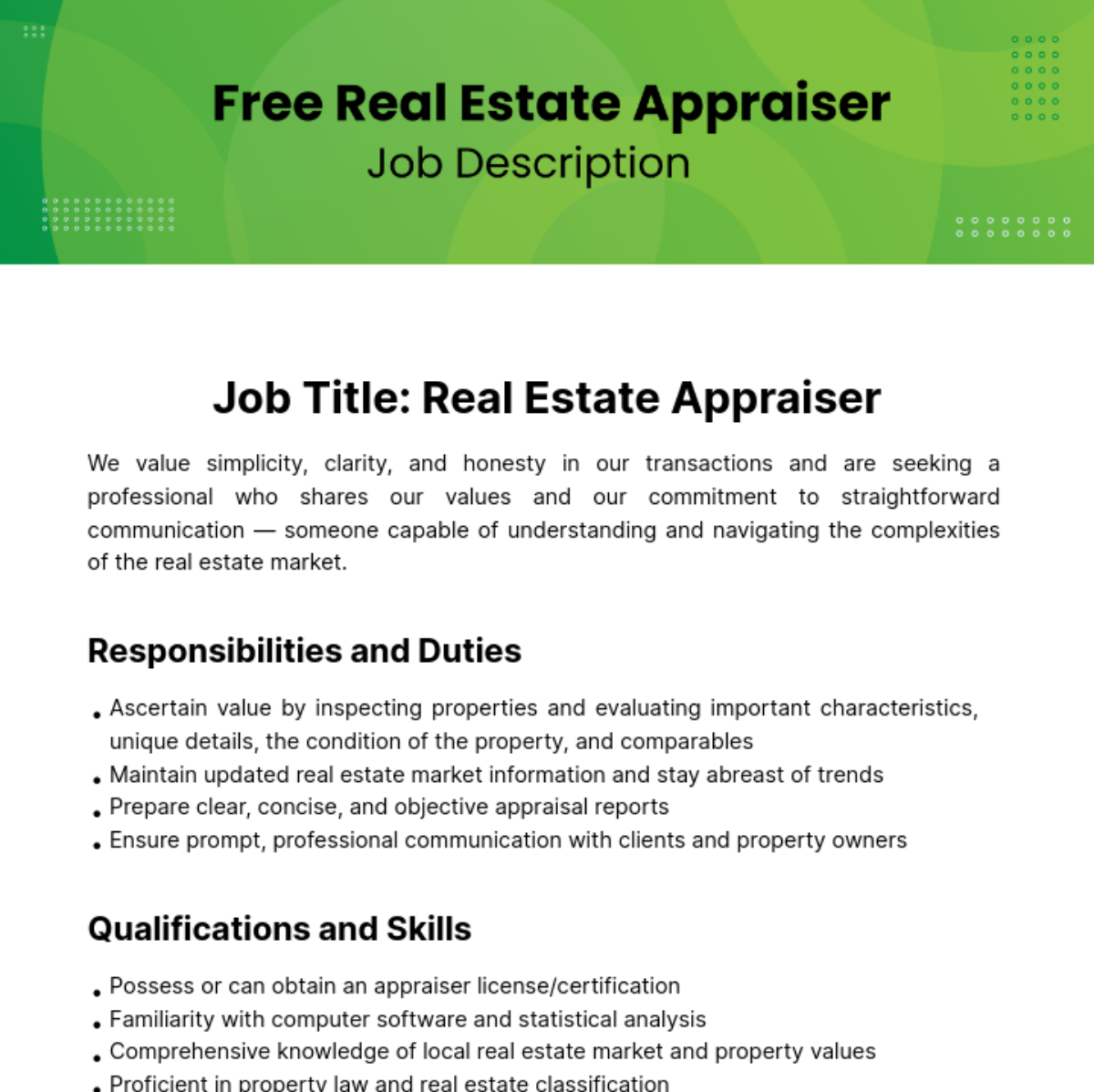 Real Estate Apprasier Job Description Template