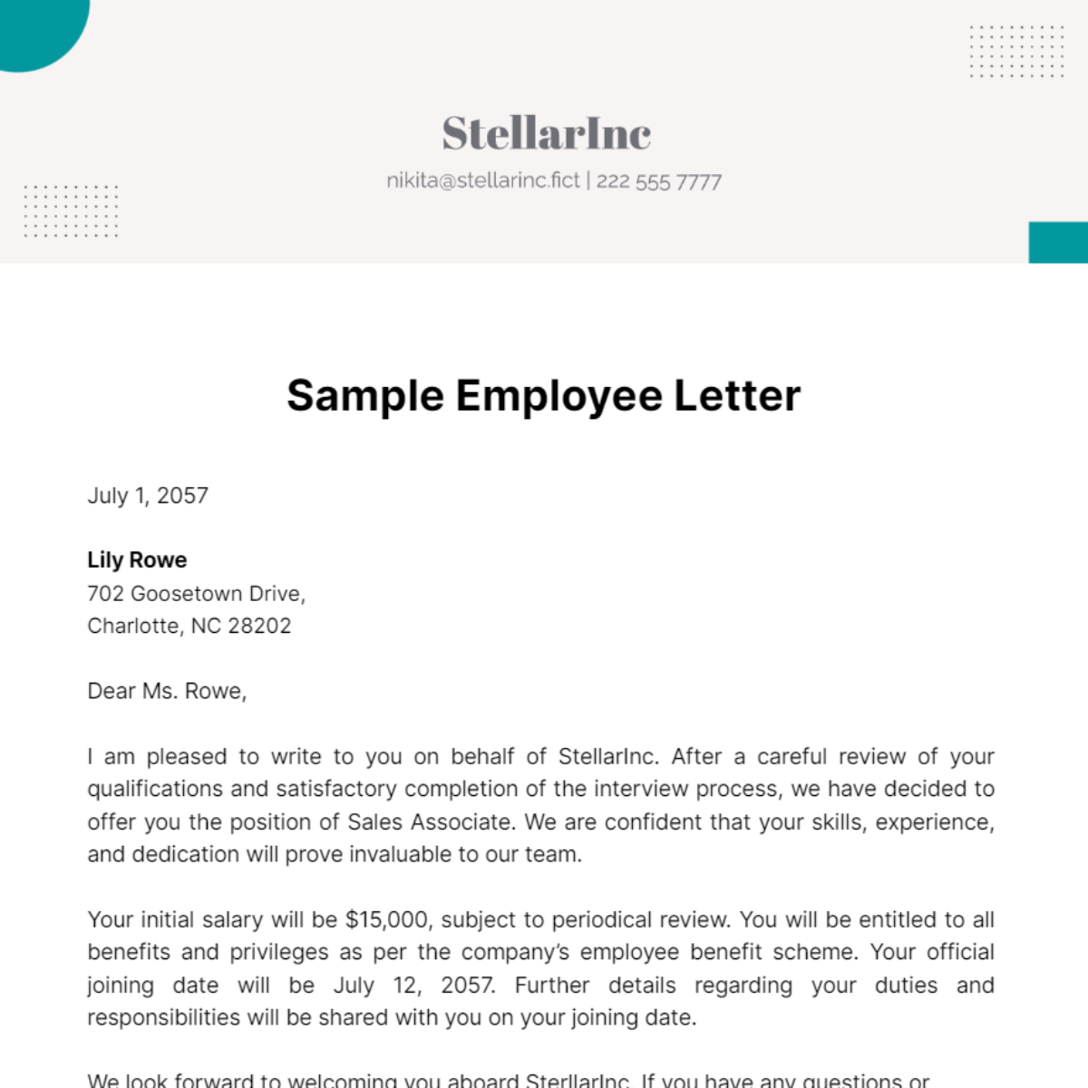 Sample Employee Letter Template