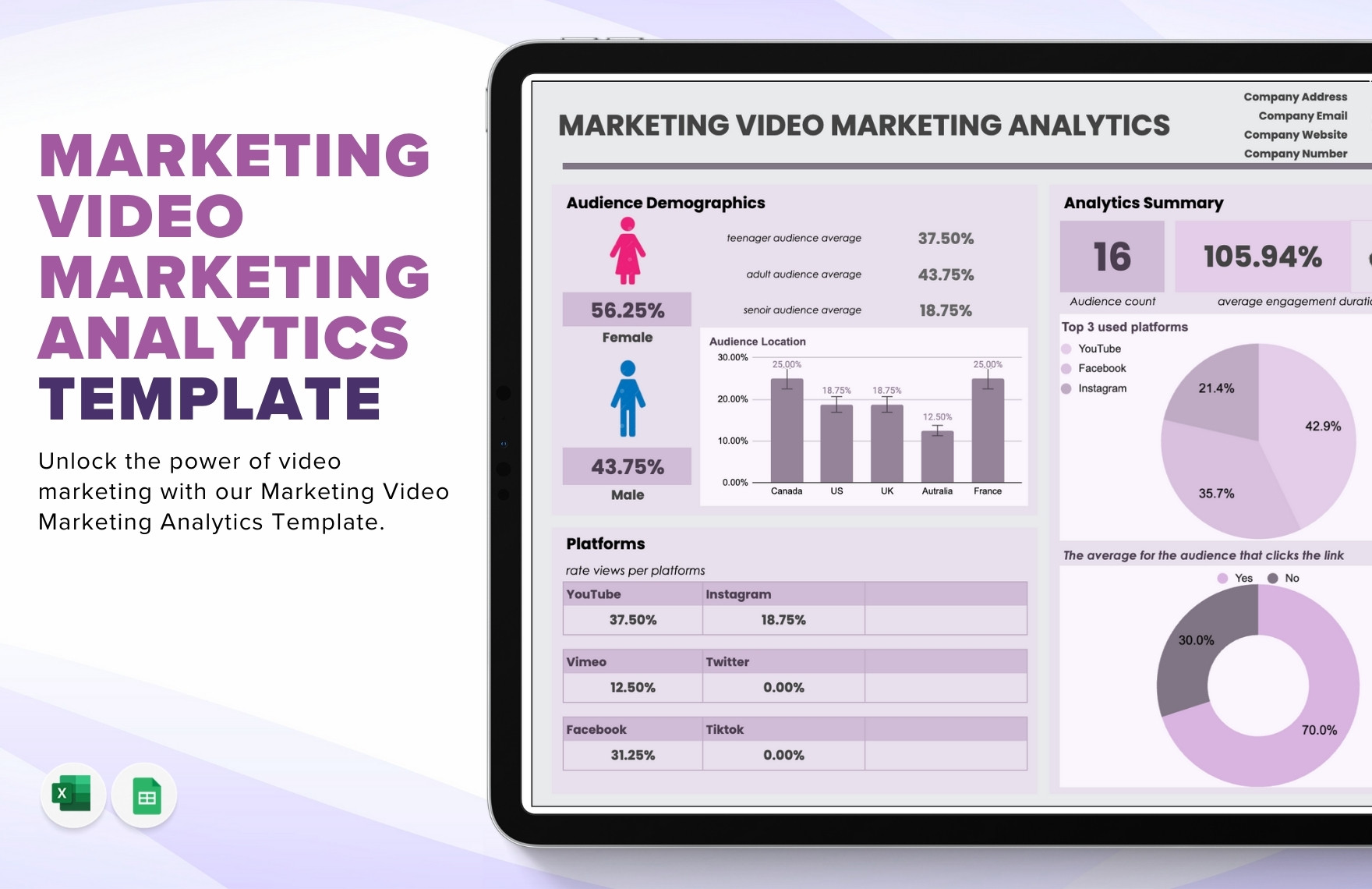 Marketing Video Marketing Analytics Template in Excel, Google Sheets