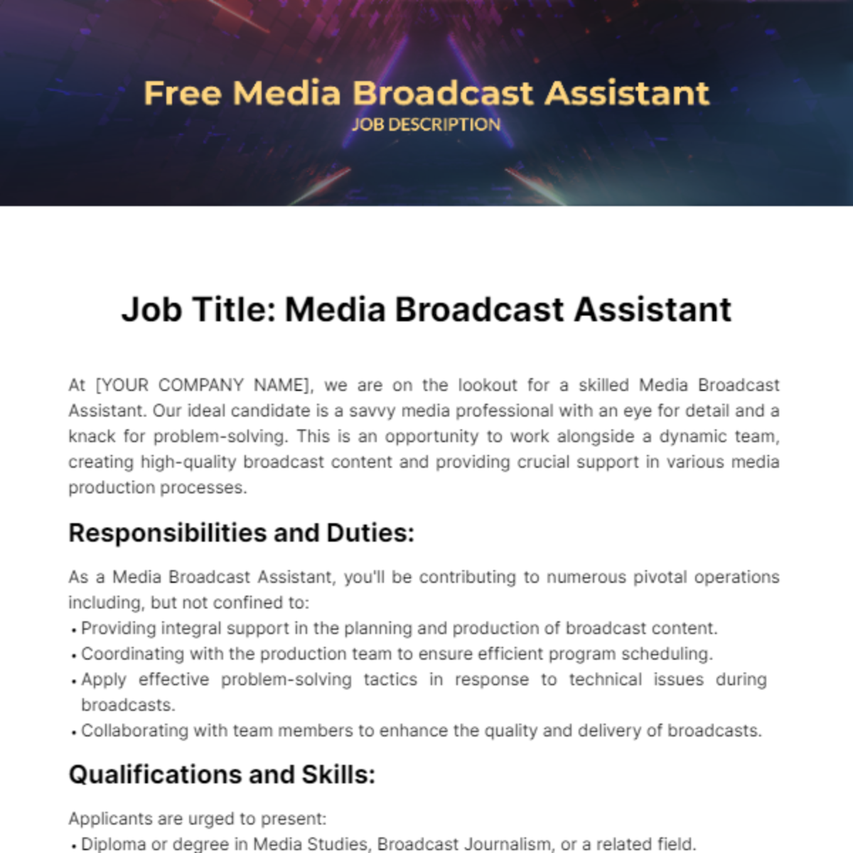 Free Media Broadcast Assistant Job Description Template