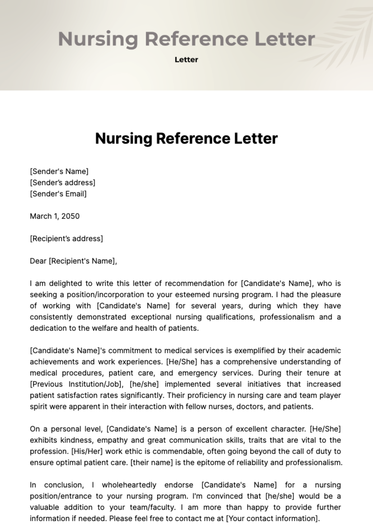 Free Nursing Reference Letter Template