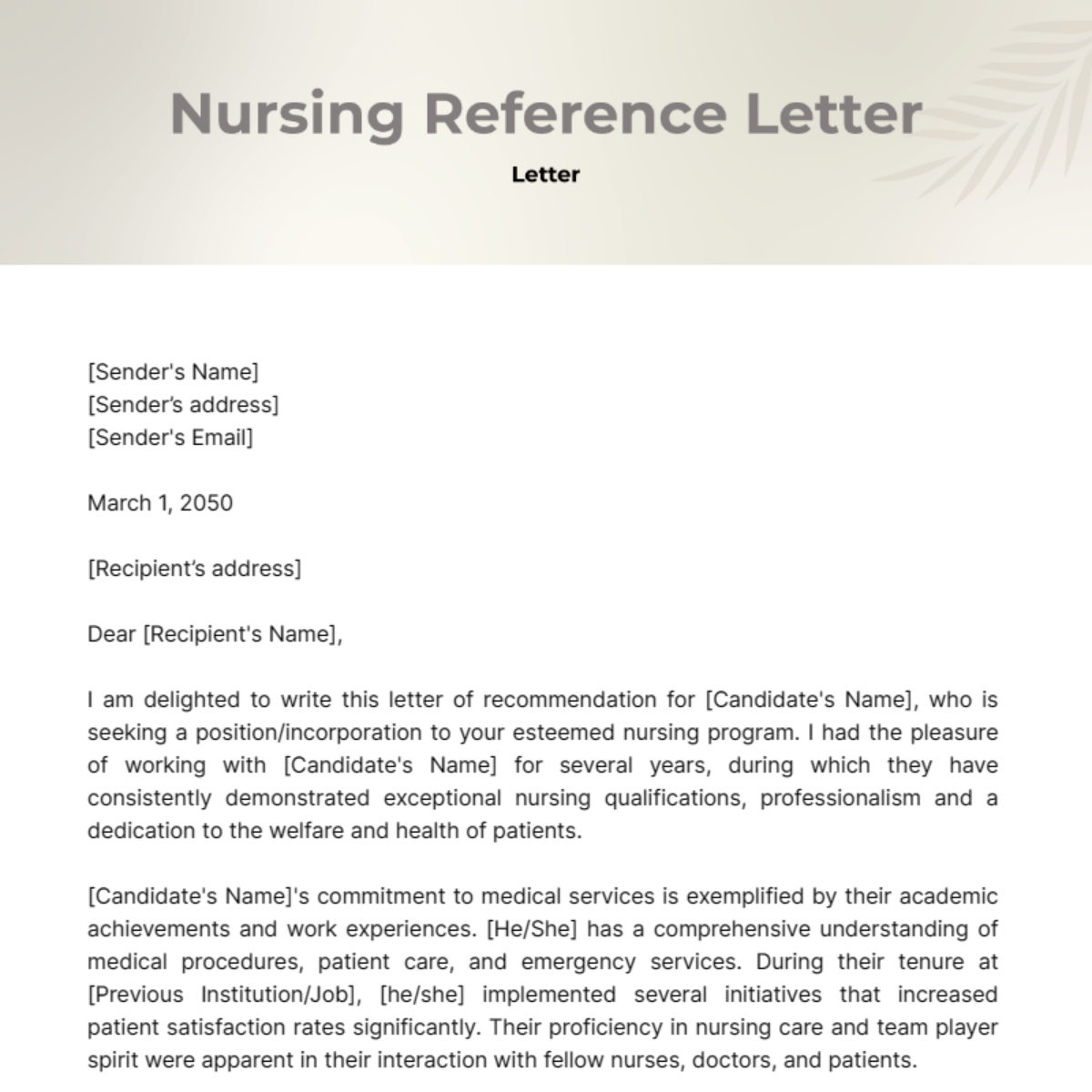 Nursing Reference Letter Template