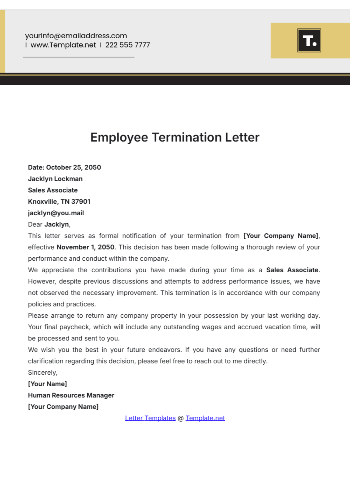 Free Employee Termination Letter Template