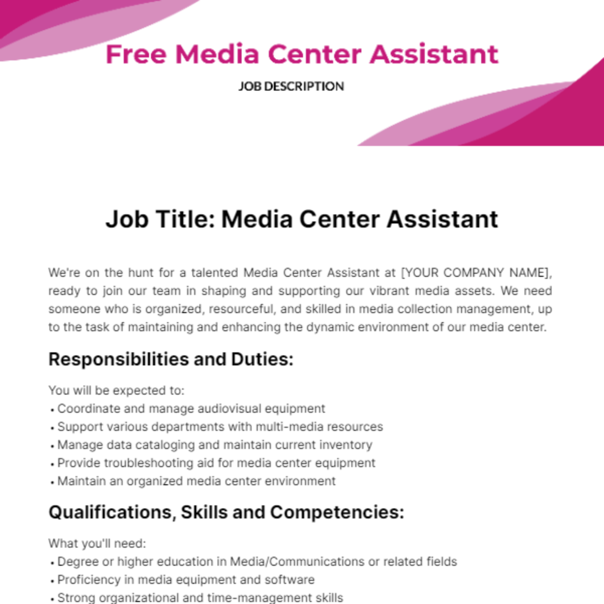 Free Media Center Assistant Job Description Template