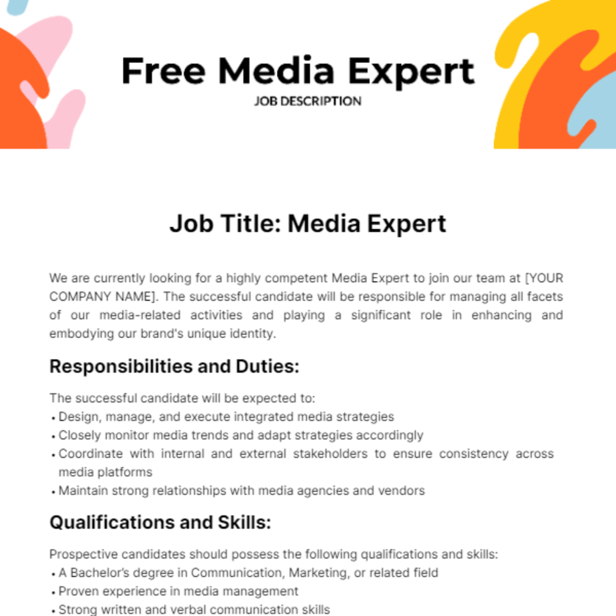 Media Expert Job Description Template