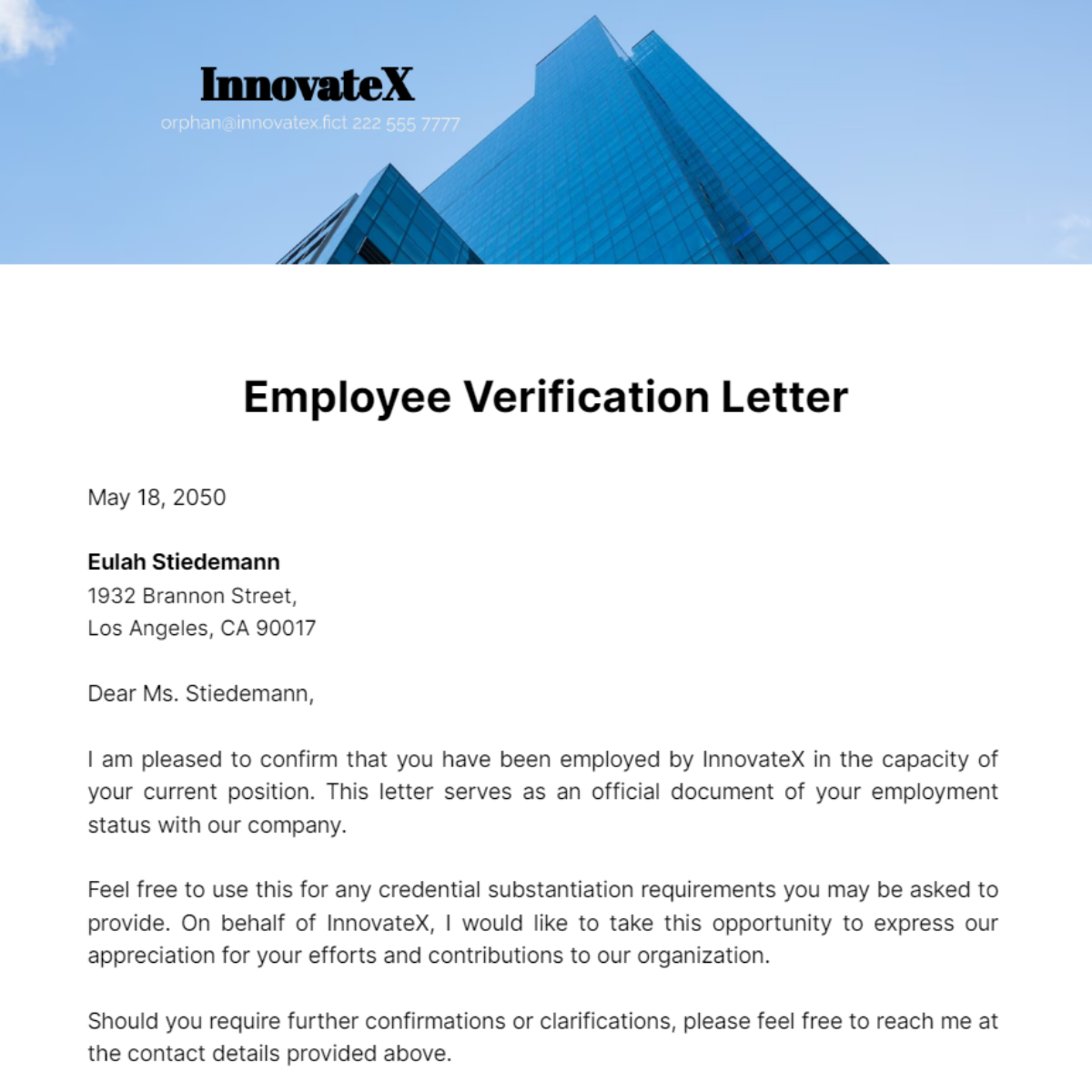 Free Employee Verification Letter Template