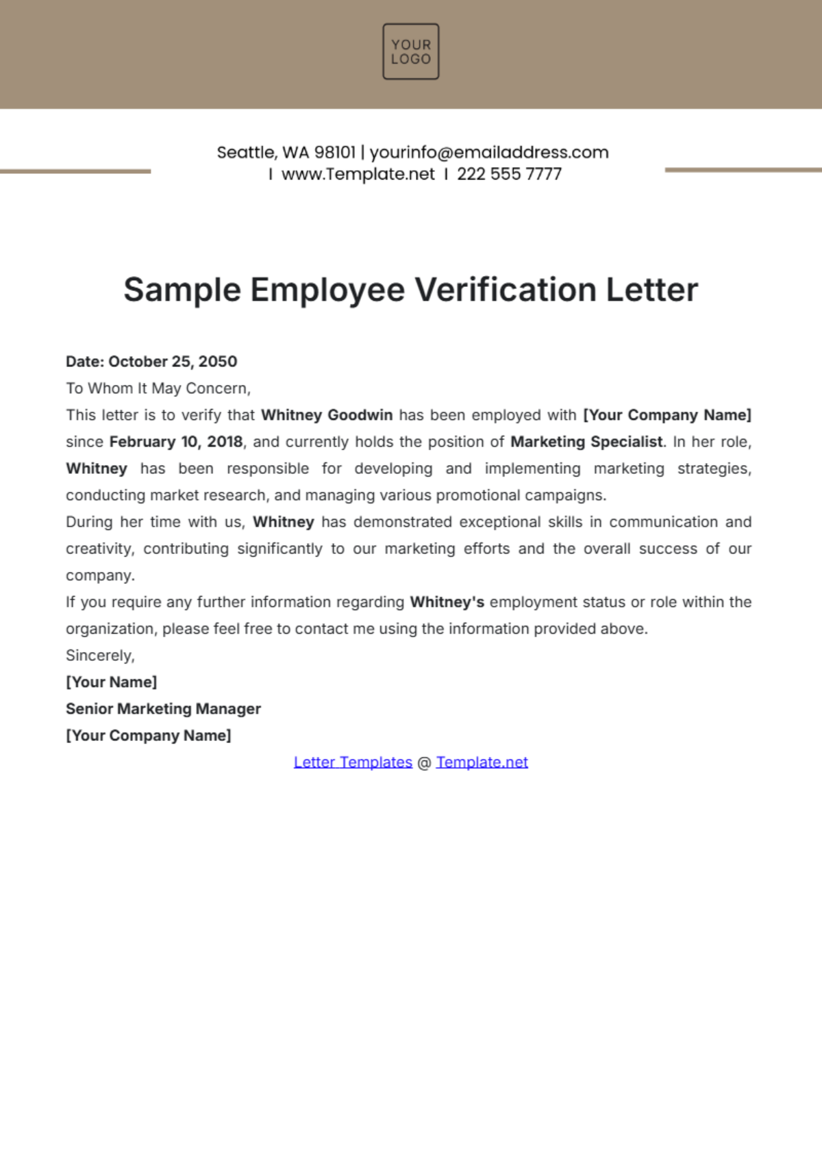 Sample Employee Verification Letter Template - Edit Online & Download