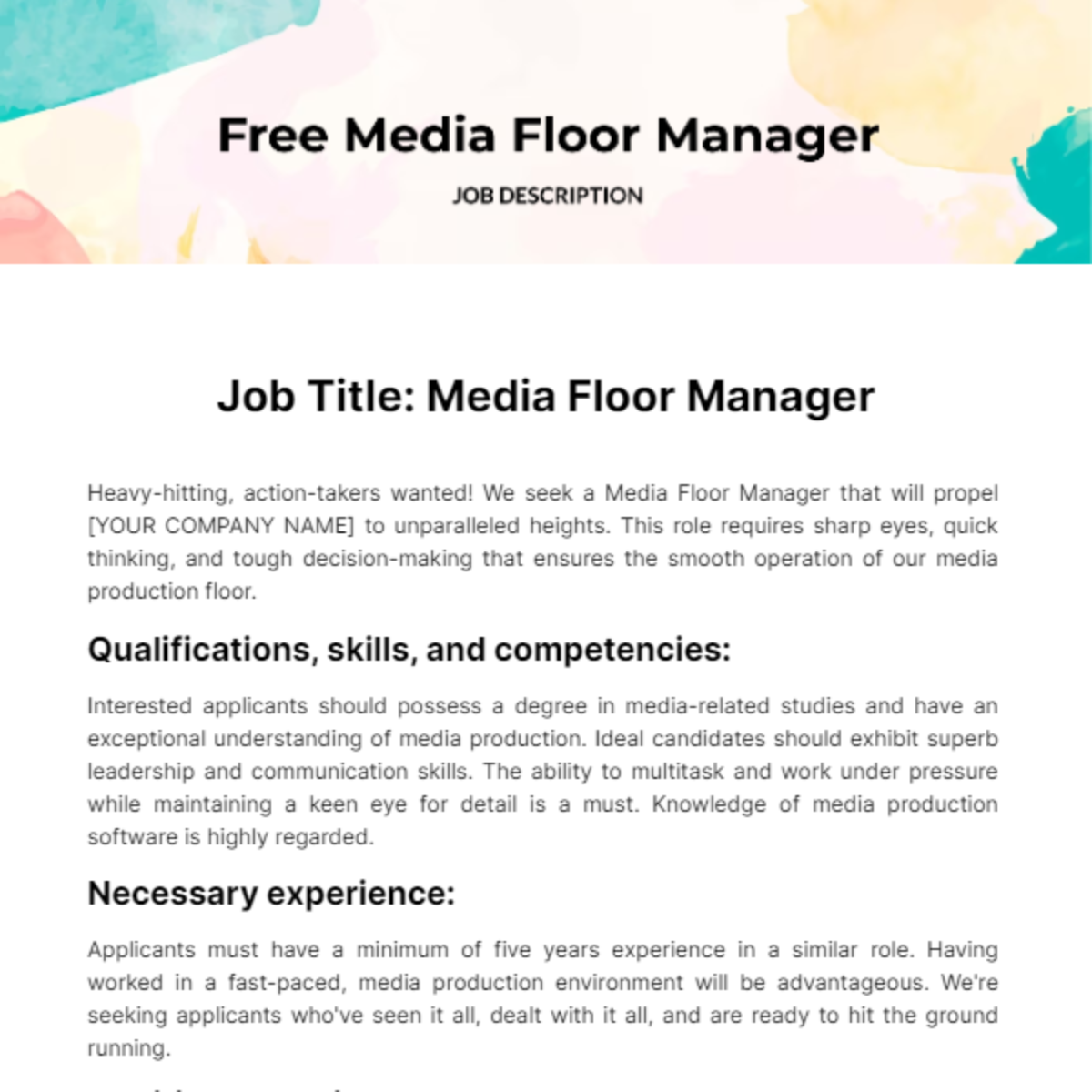 Media Floor Manager Job Description Template