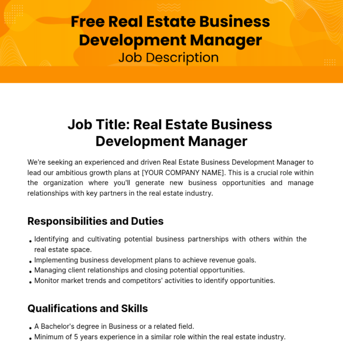 Real Estate Business Development Manager Job Description Template