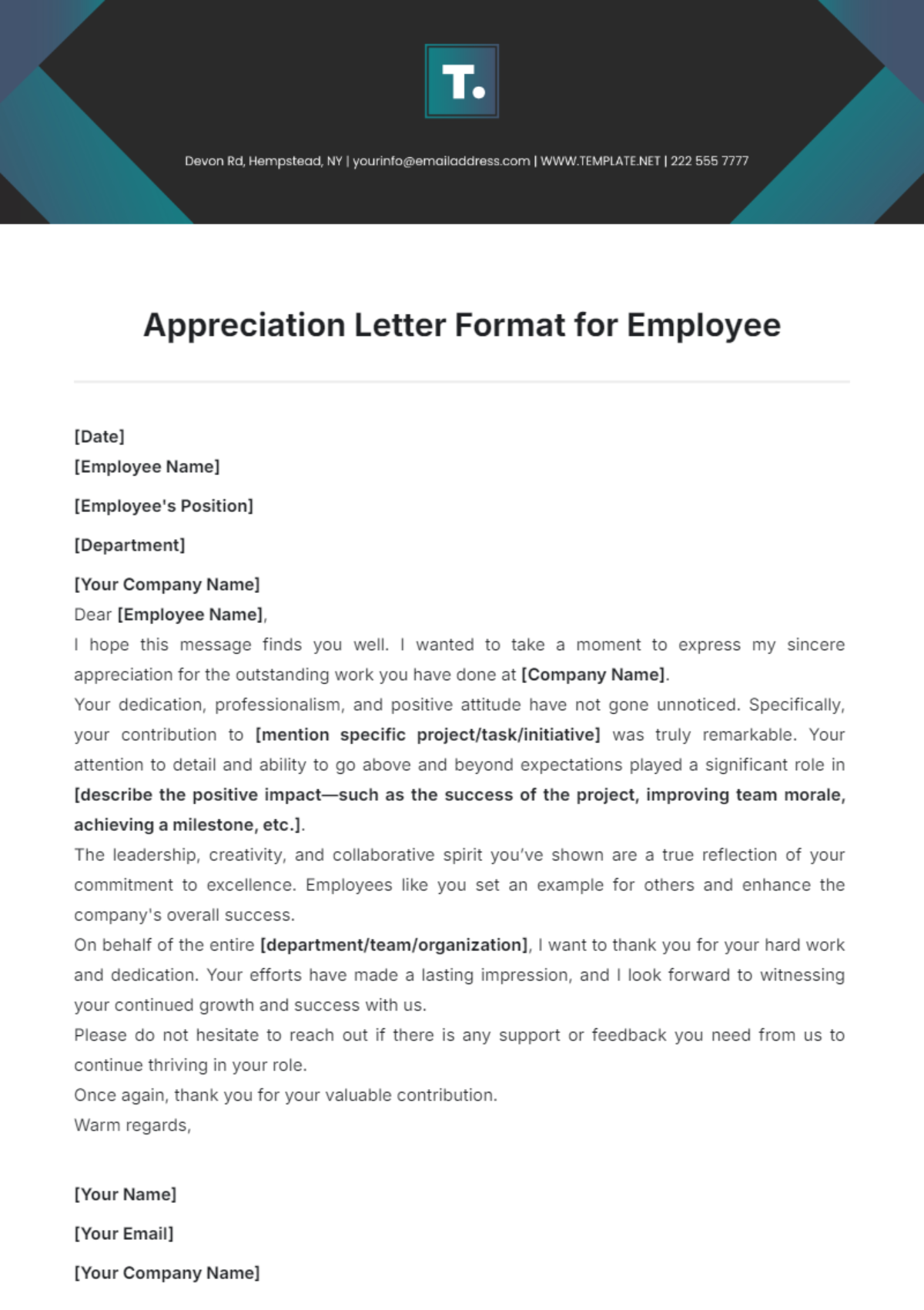 Appreciation Letter Format for Employee Template - Edit Online & Download