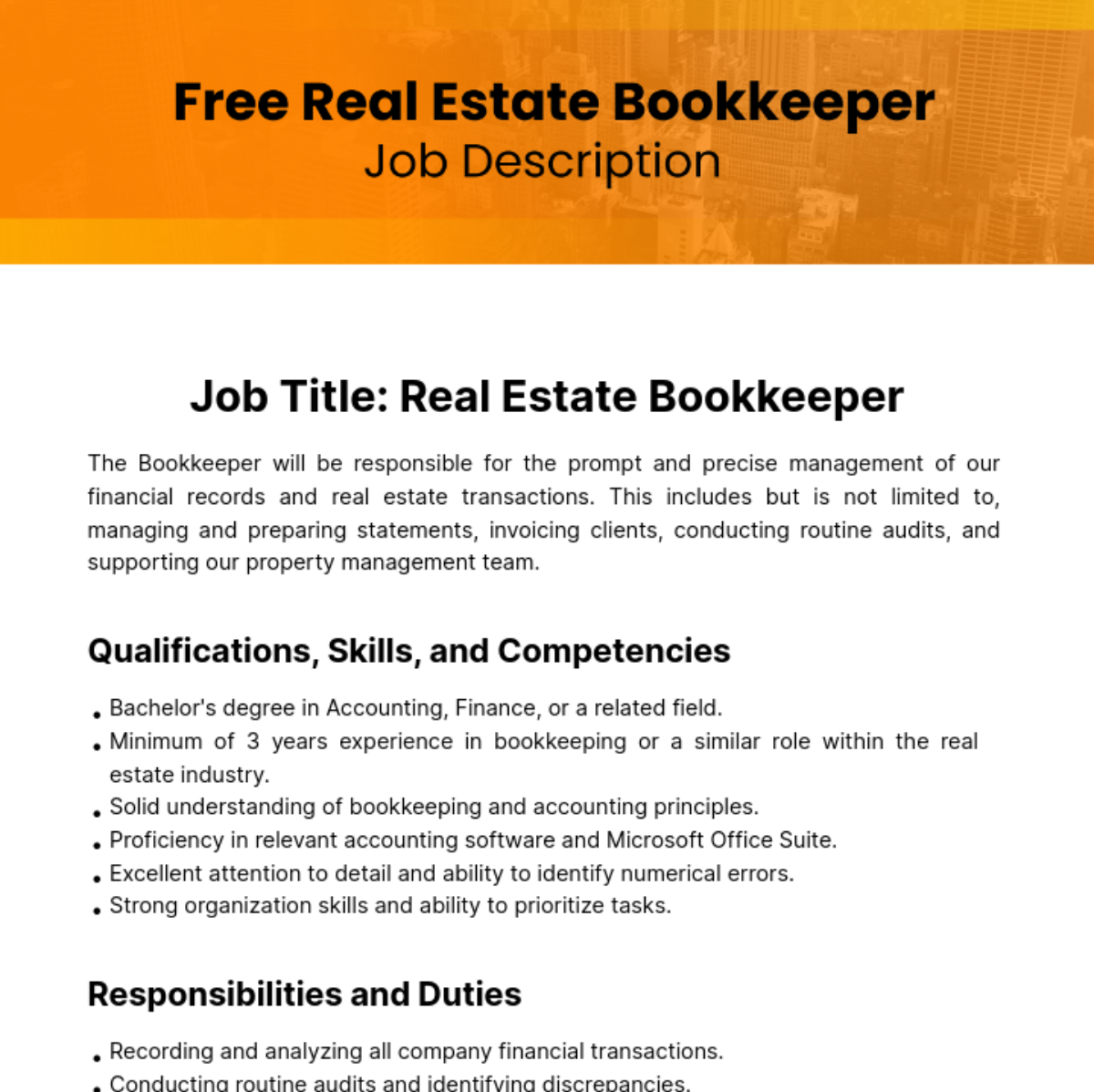 Real Estate Bookkeeper Job Description Template