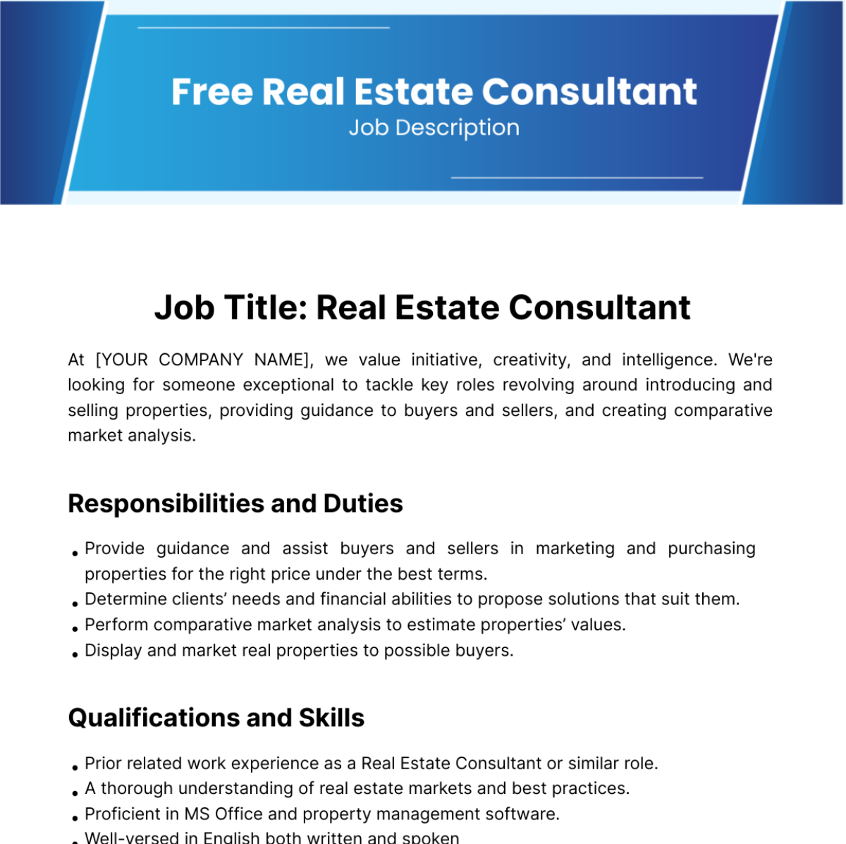 Real Estate Consultant Job Description Template