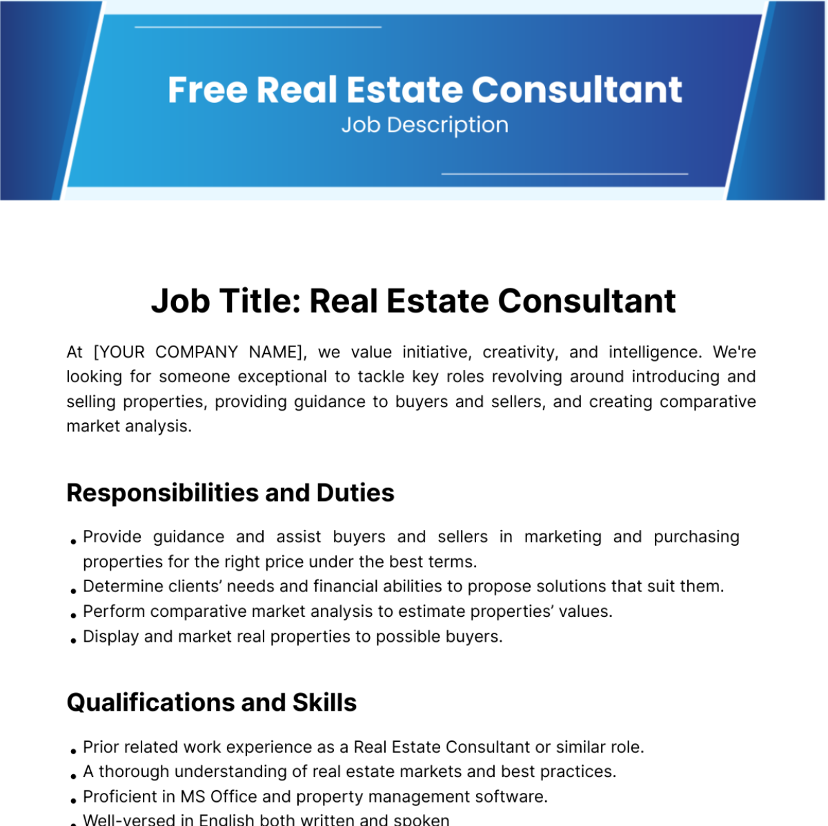 Real Estate Consultant Job Description Template Edit Online 