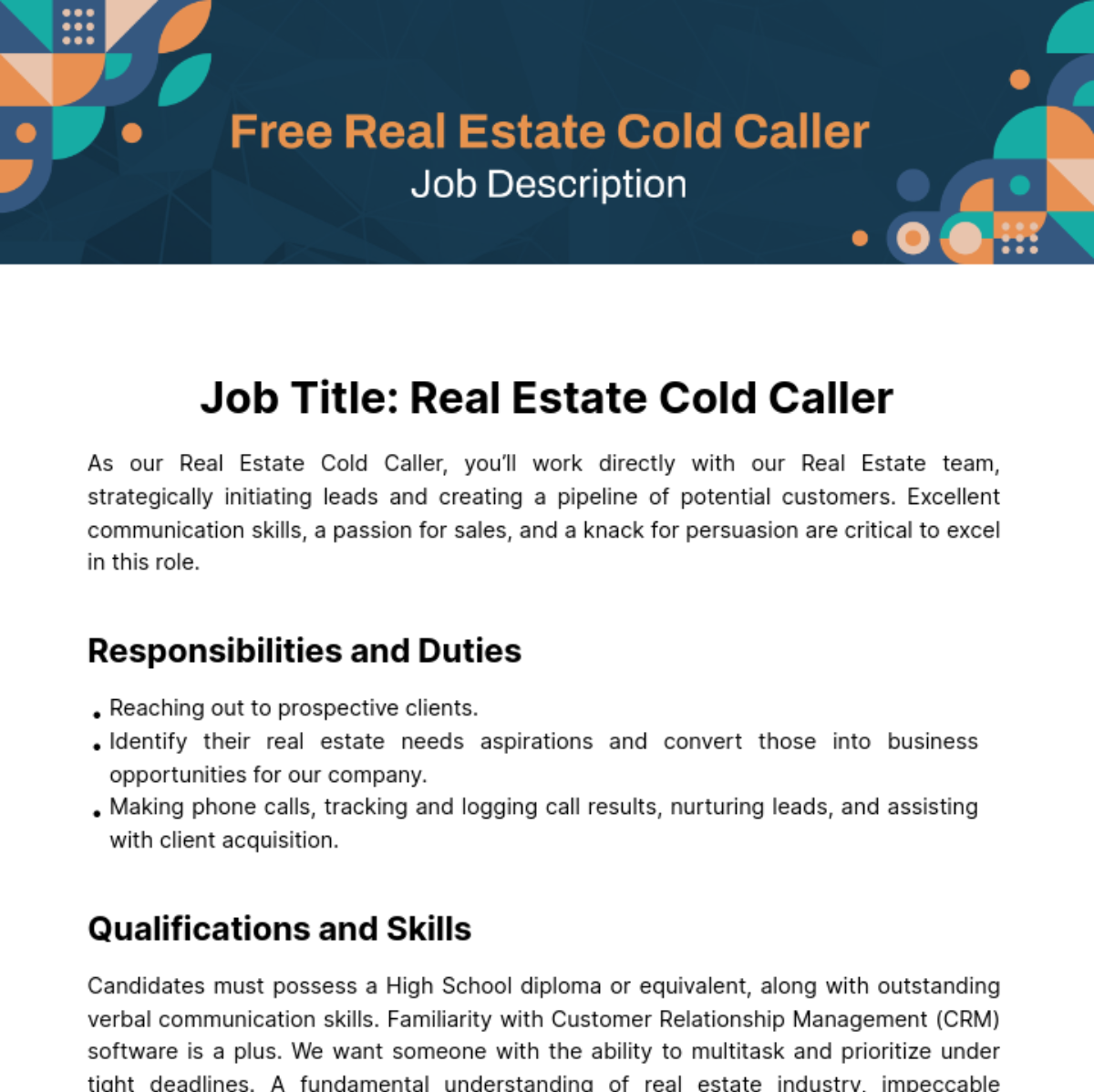 Real Estate Cold Caller Job Description Template