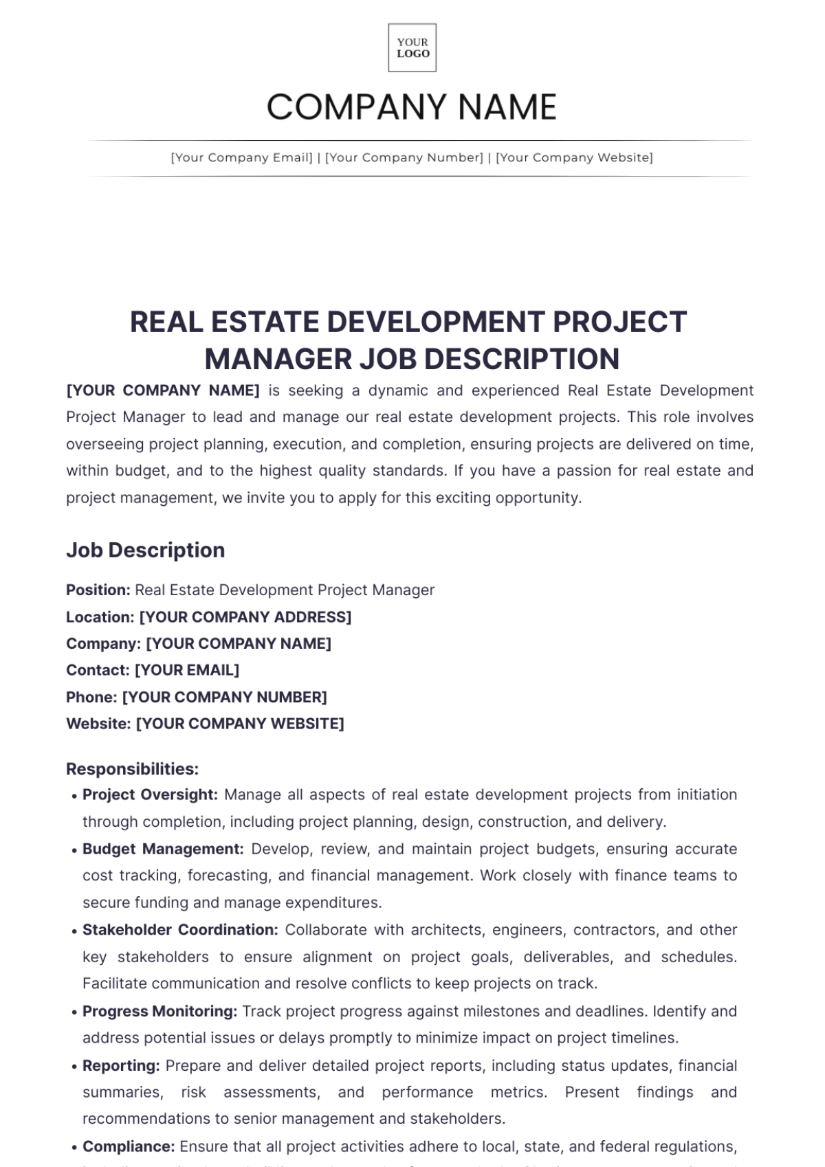 Real Estate Development Project Manager Job Description Template - Edit Online & Download