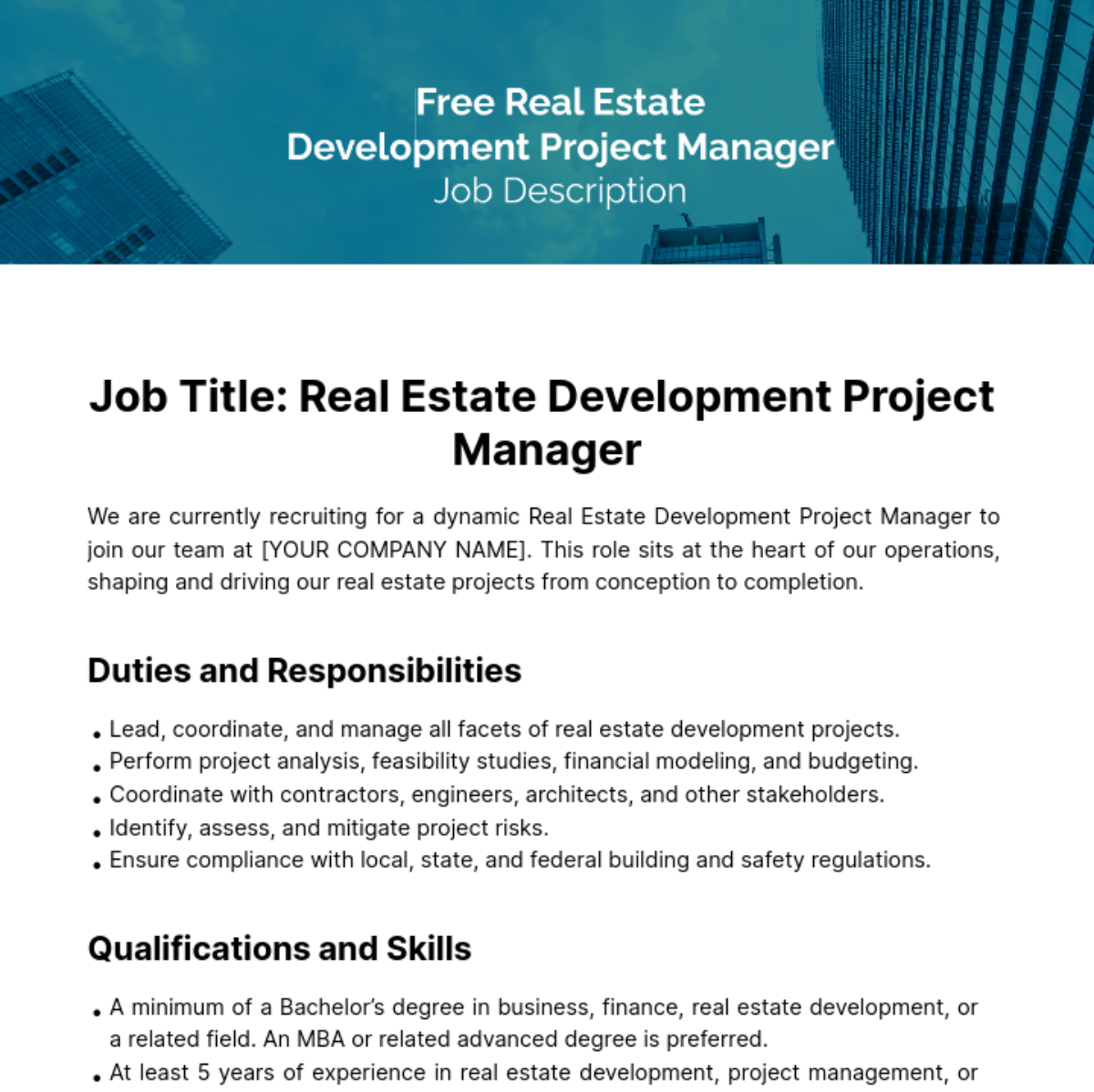 Real Estate Development Project Manager Job Description Template