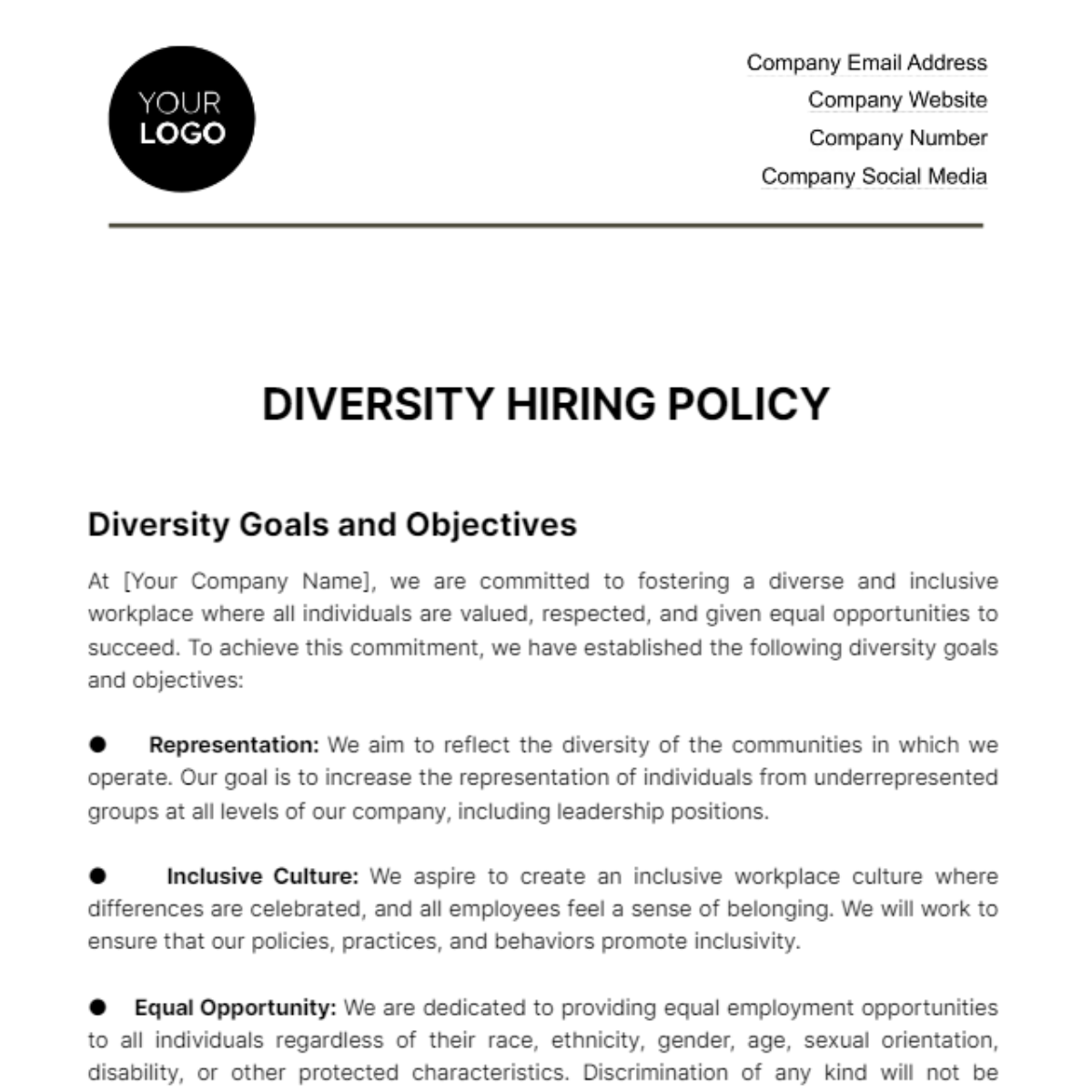 Diversity Hiring Policy HR Template - Edit Online & Download