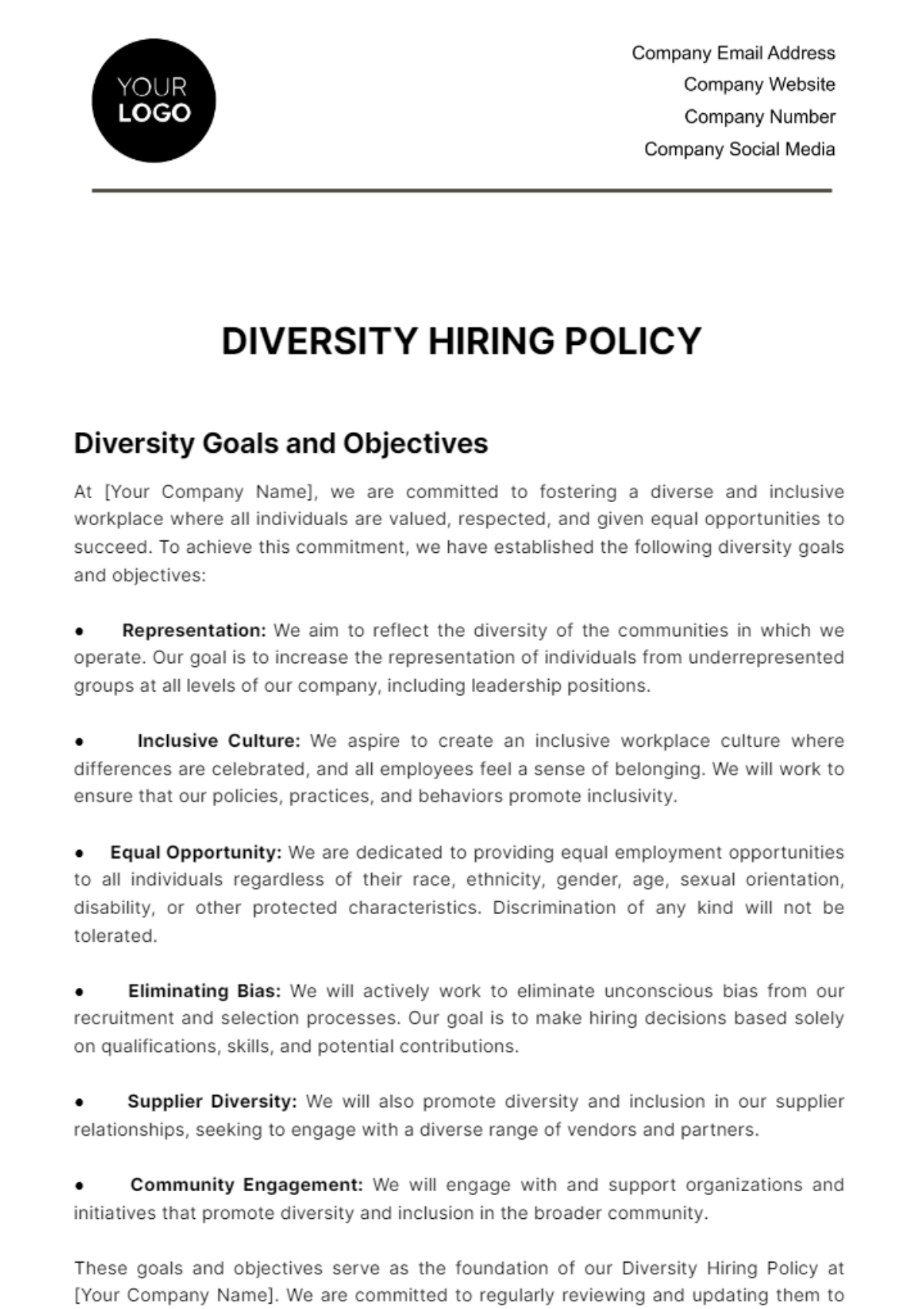Diversity Hiring Policy HR Template