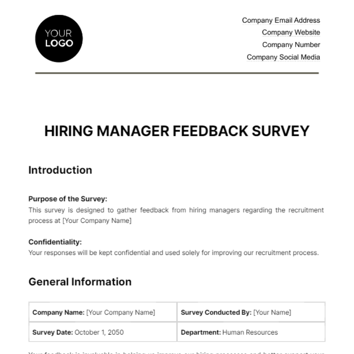 Hiring Manager Feedback Survey HR Template