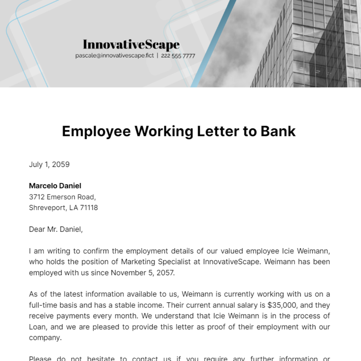 Free Employee Working Letter to Bank Template