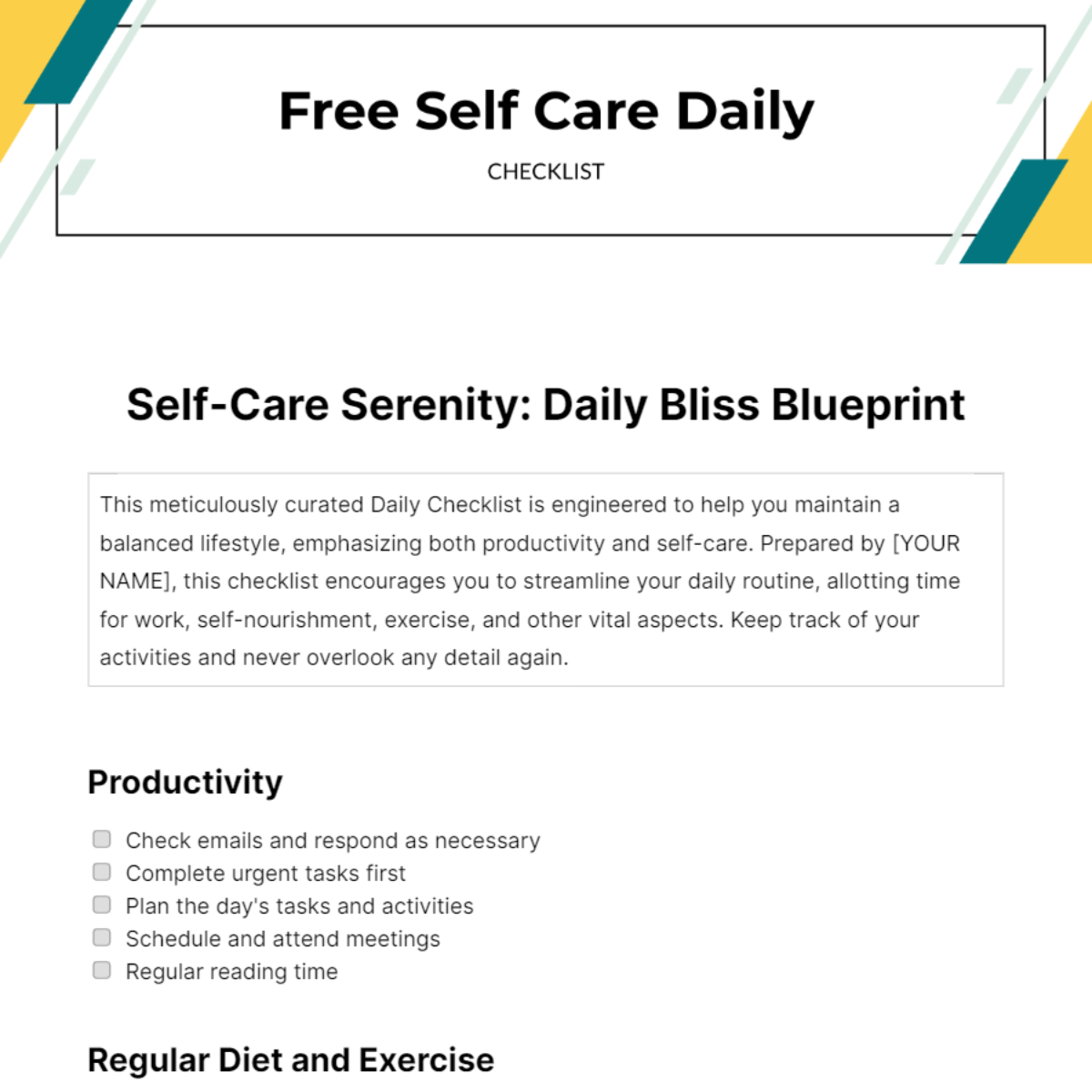 Self Care Daily Checklist Template