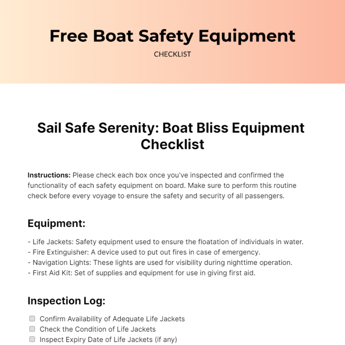 Boat Safety Equipment Checklist Template