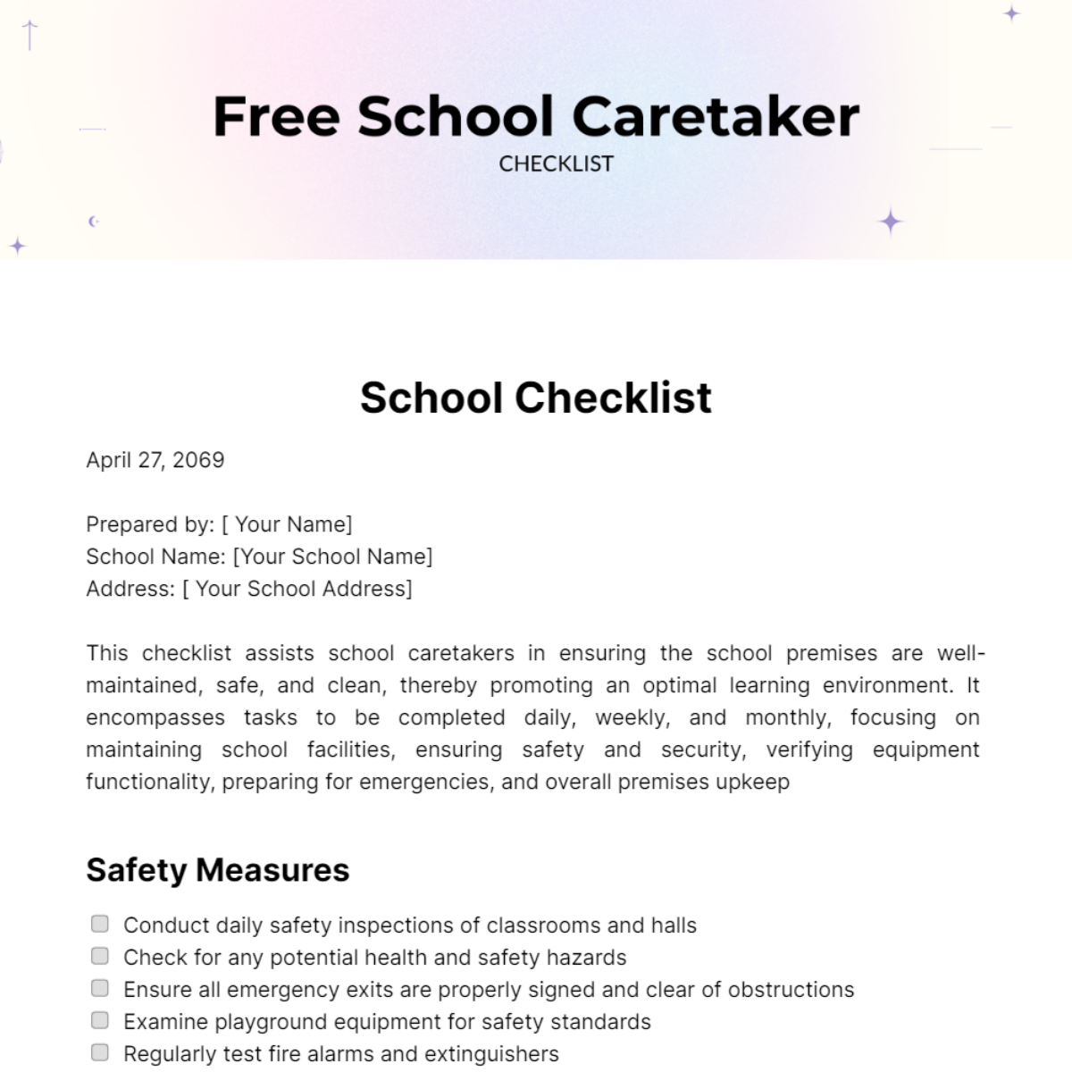 School Caretaker Checklist Template