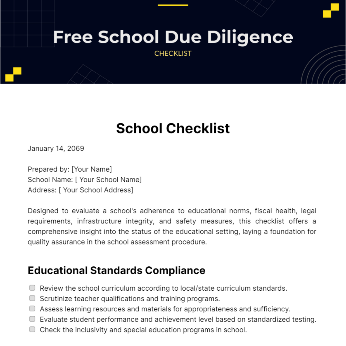 Free School Due Diligence Checklist Template