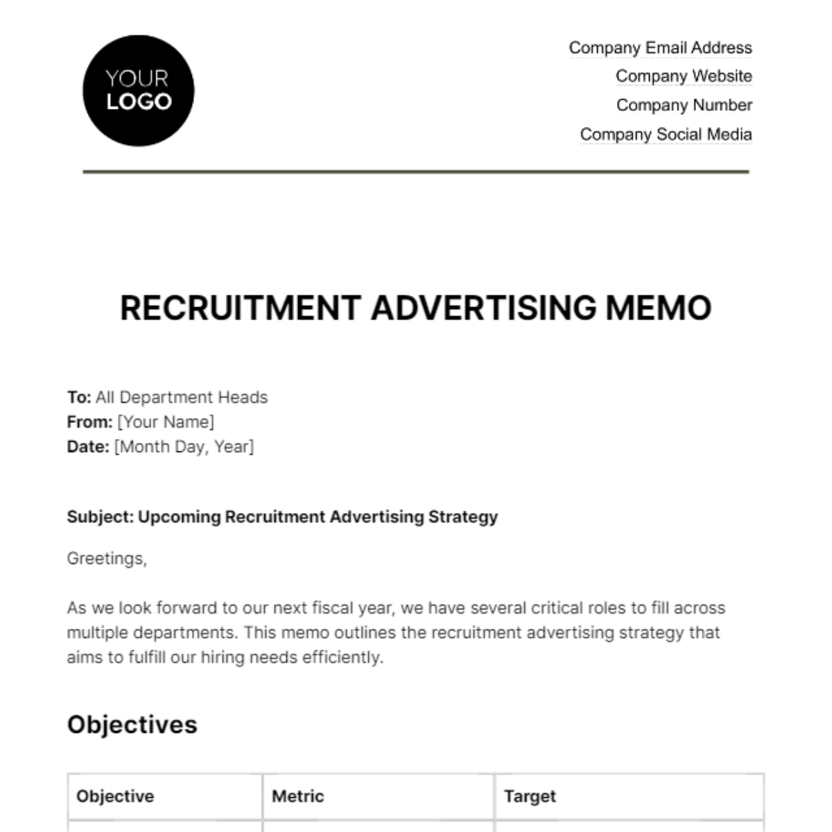 Recruitment Advertising Memo HR Template