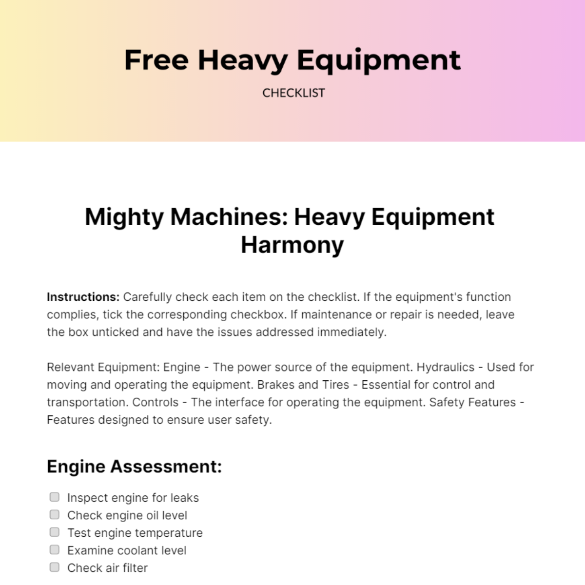 Heavy Equipment Checklist Template