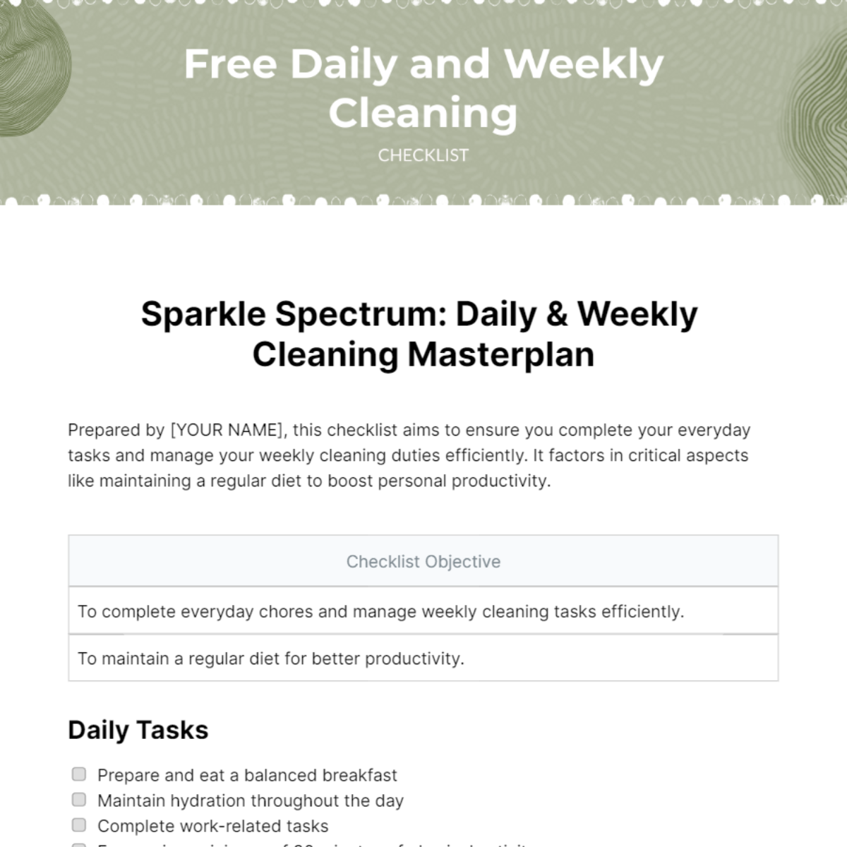 Daily and Weekly Cleaning Checklist Template