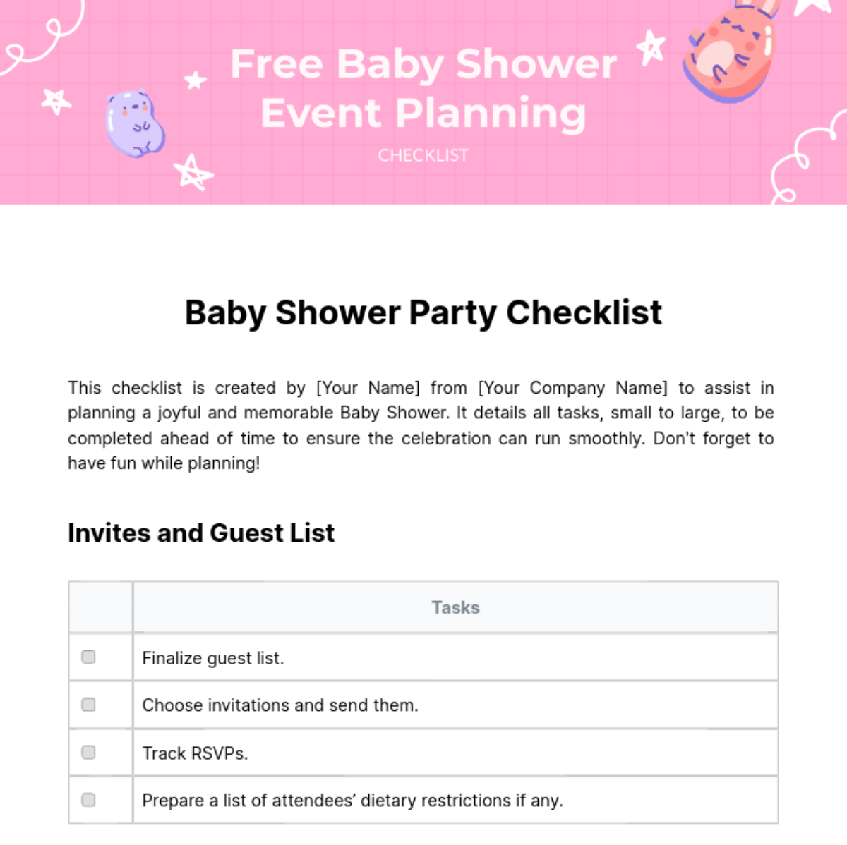 Baby Shower Event Planning Checklist Template