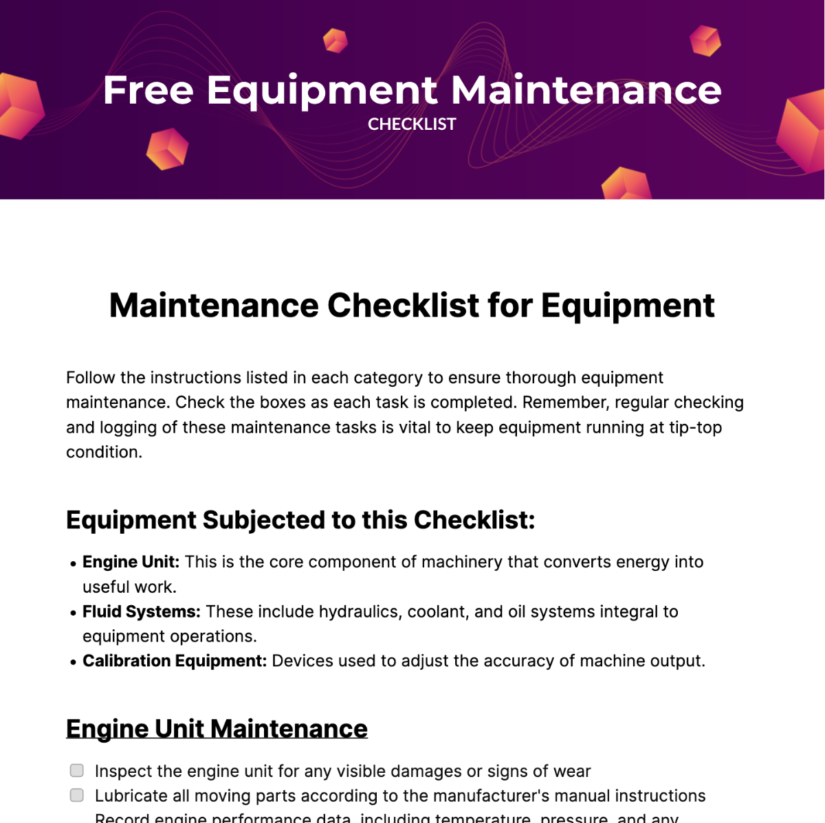 Equipment Maintenance Checklist Template