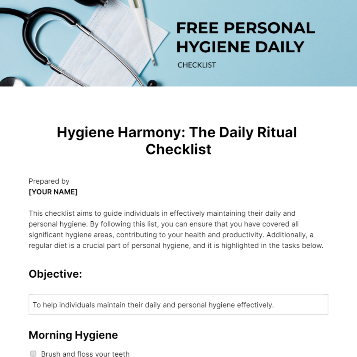 Personal Hygiene Daily Checklist Template