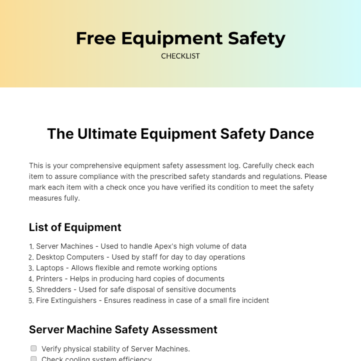 Free Equipment Safety Checklist Template