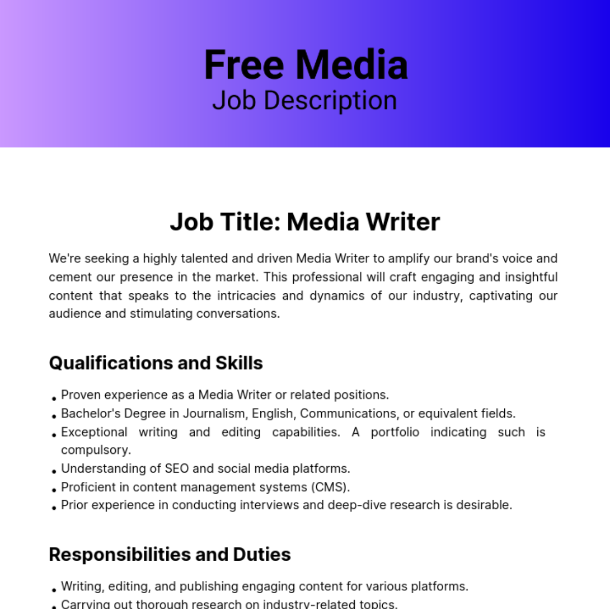 Media Job Description Template