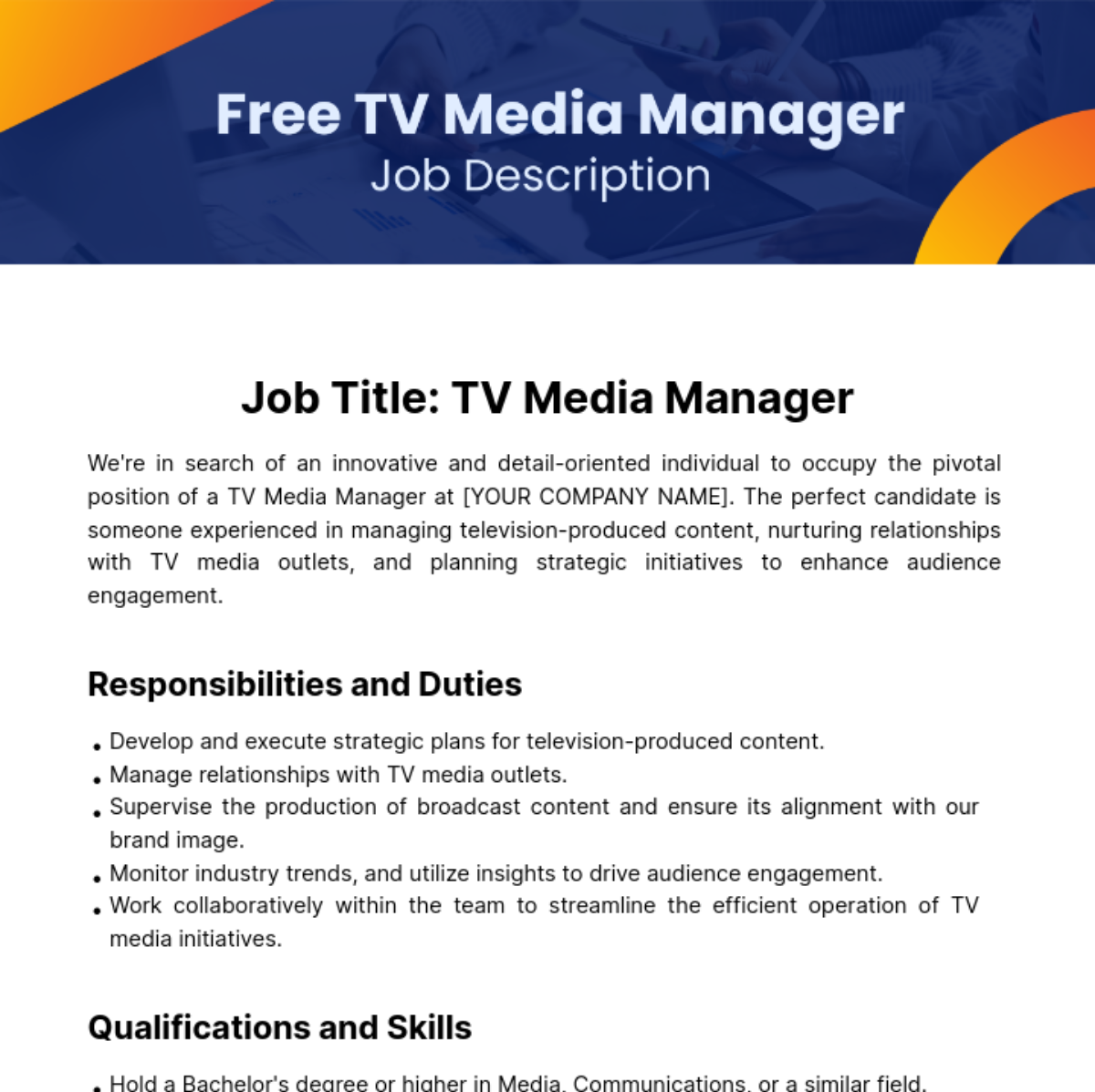 Free TV Media Manager Job Description Template