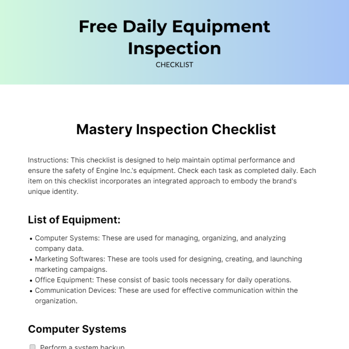 Daily Equipment Inspection Checklist Template