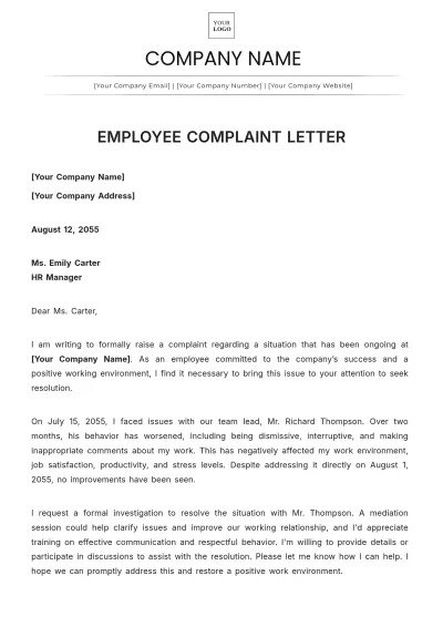 Free Employee Complaint Letter Template to Edit Online