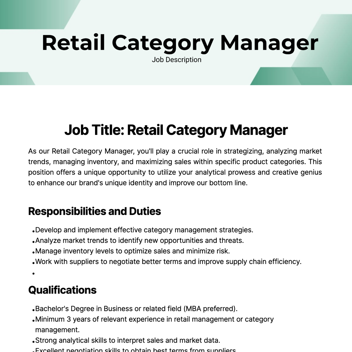 Retail Category Manager Job Description Template