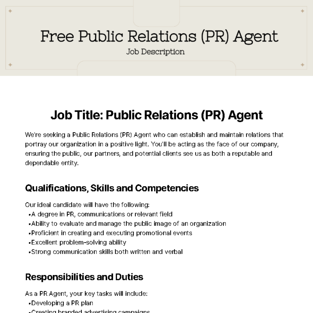 Public Relations (PR) Agent Job Description Template