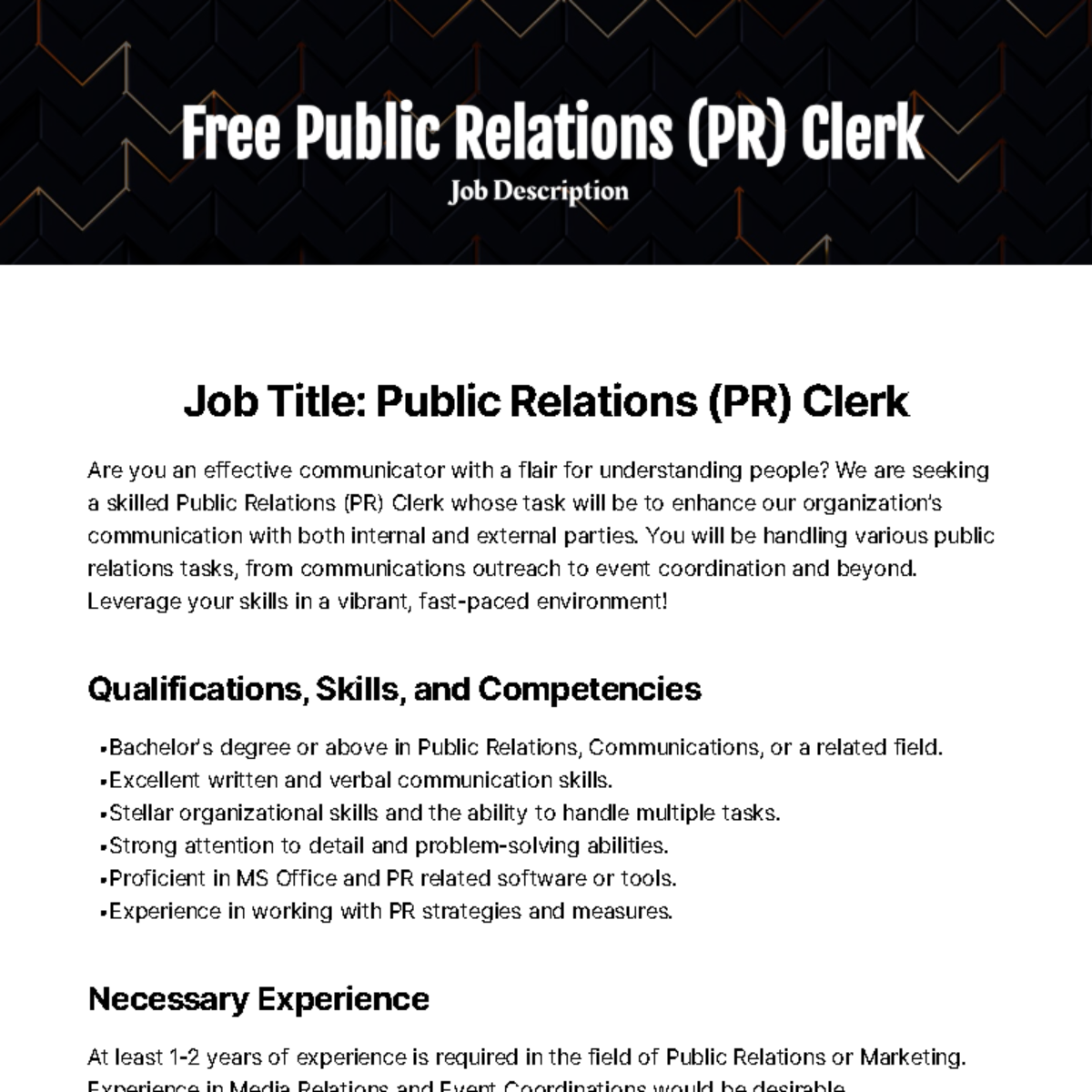 Public Relations (PR) Clerk Job Description Template