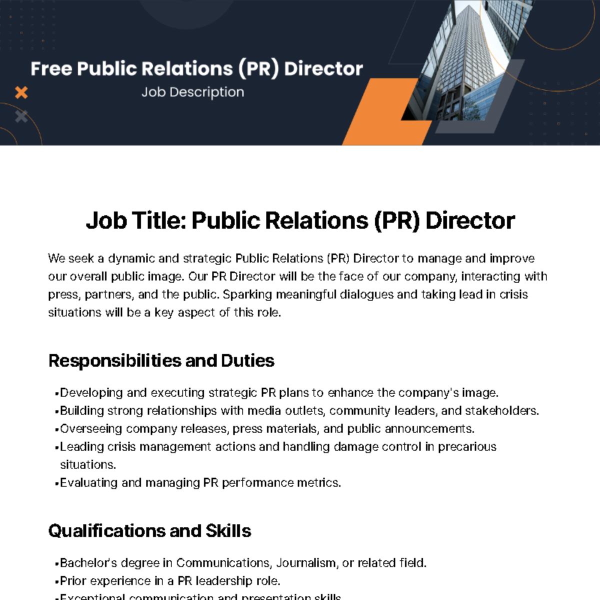 Public Relations (PR) Director Job Description Template