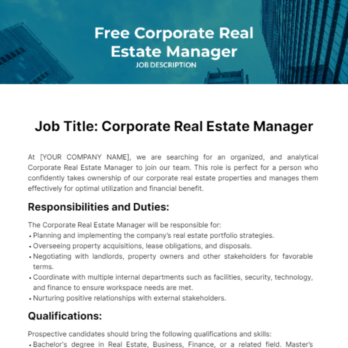 Corporate Real Estate Manager Job Description Template