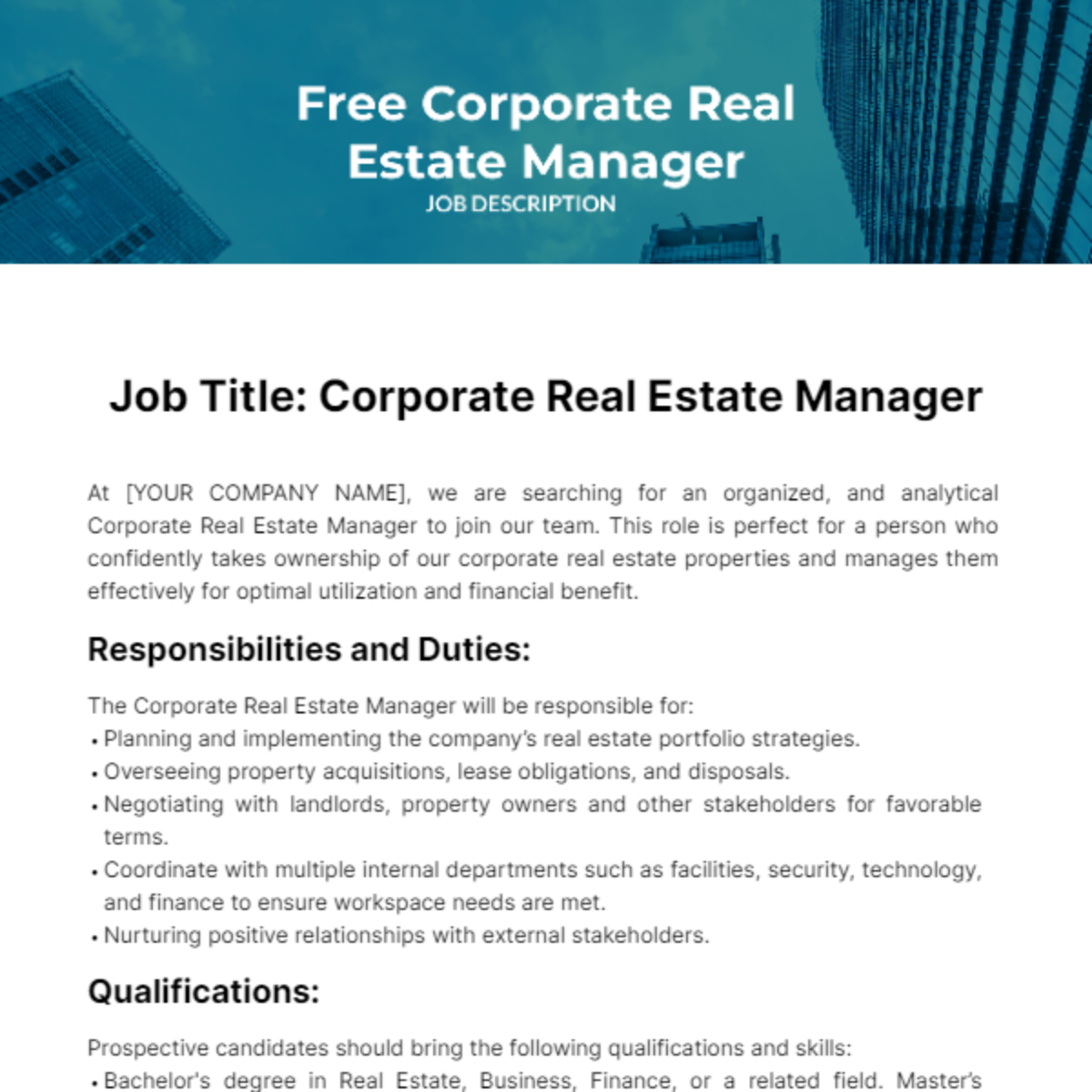 Corporate Real Estate Manager Job Description Template Edit Online 