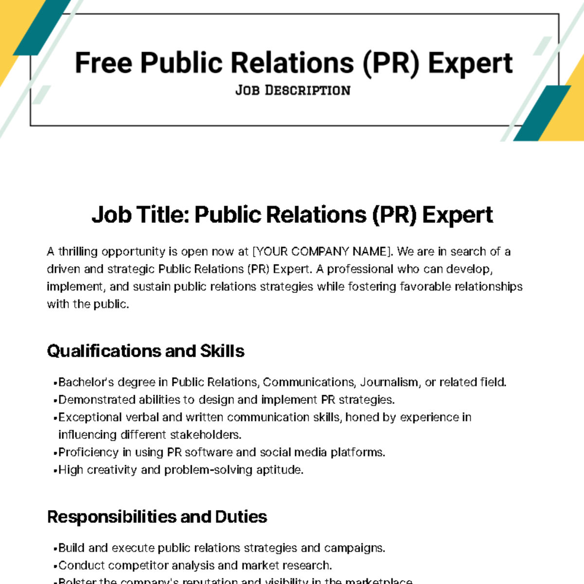 Public Relations (PR) Expert Job Description Template