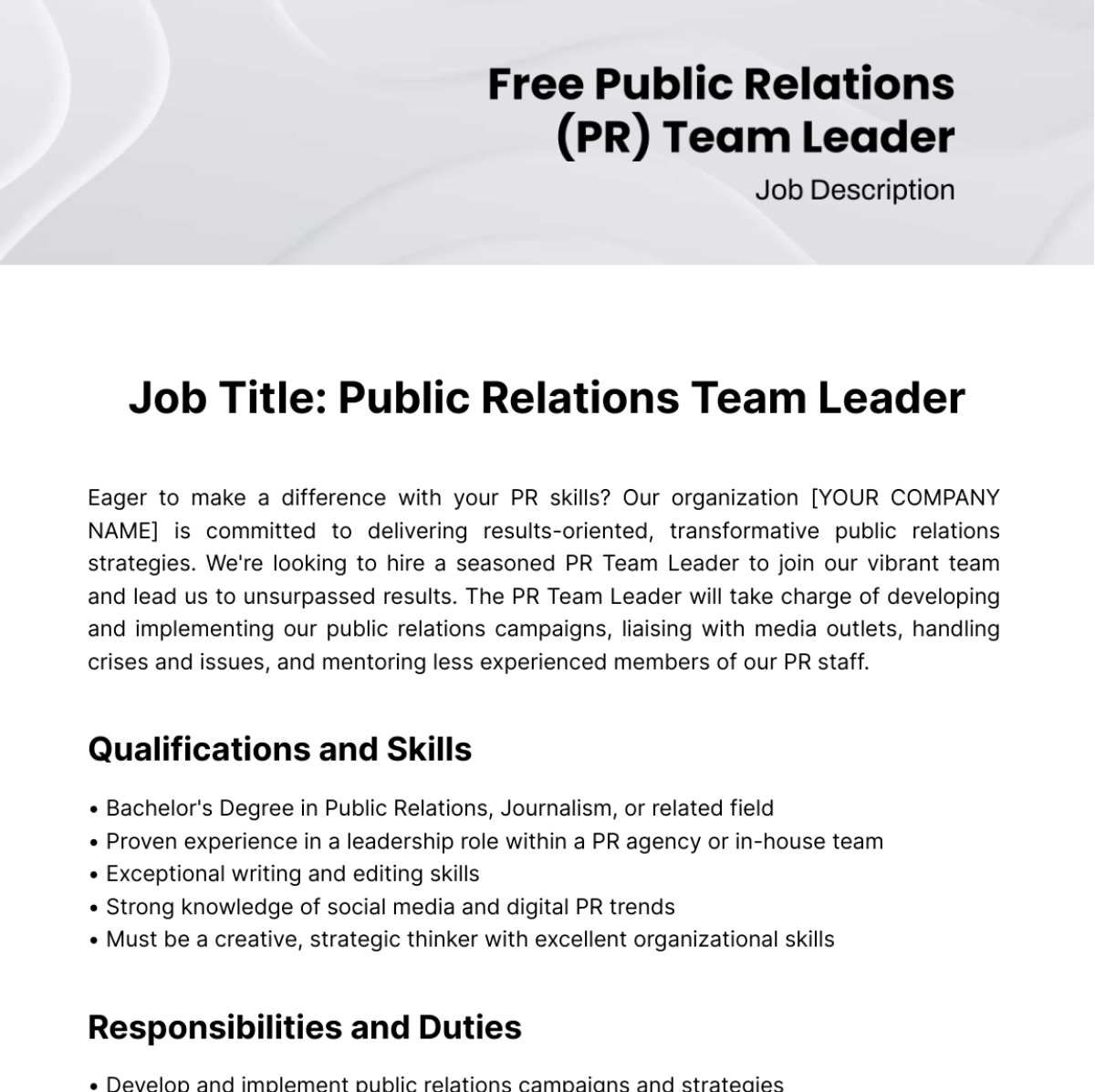 Public Relations (PR) Team Leader Job Description Template