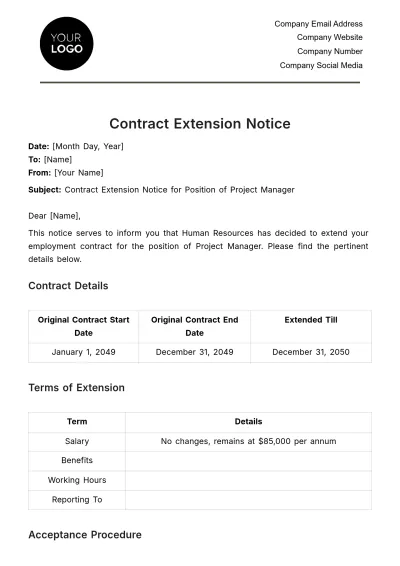 Free Contract Extension Notice HR Template to Edit Online